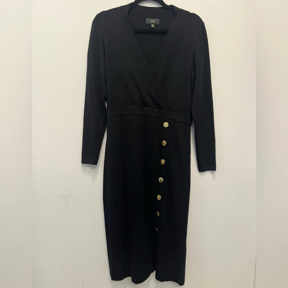 Maia Black Wrap Midi Dress Gold Button Detail | Long Sleeve | Size M - Picture 1 of 4